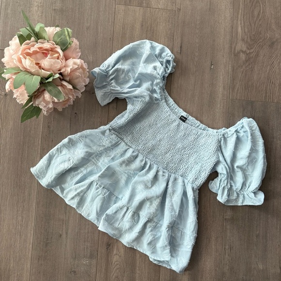 SHEIN Baby Blue Poof Sleeve Smocked Embossed Floral Blouse - Picture 2 of 6